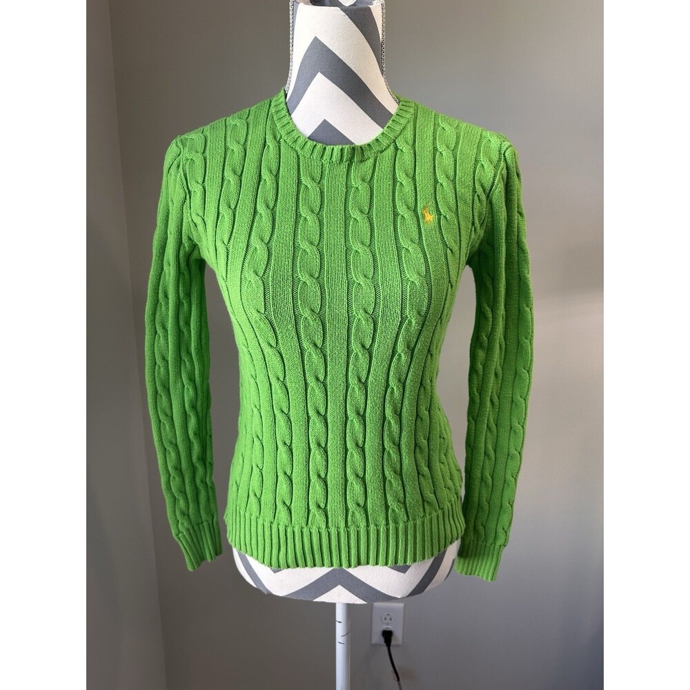 Polo Ralph Lauren Lime Green Cable Knit Cotton Sweater XS Preppy Old Money